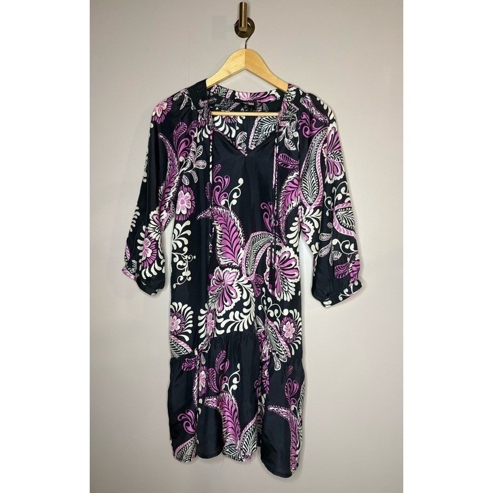 Johnny Was Silk Tiered Midi Dress Black Purple Floral Boho Luxe XS - Picture 2 of 7